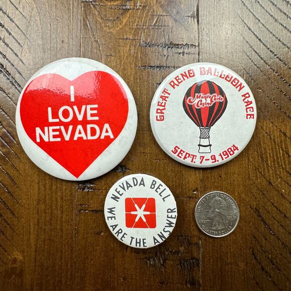 Vintage 1980's I Love Nevada Pinback Nevada Bell Pin Great Reno Balloon Race Pin - Picture 3 of 3